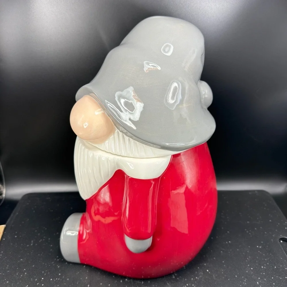 Pottery Barn Christmas Gnome Cookie Jar Red Canister Ceramic Holiday Large NEW